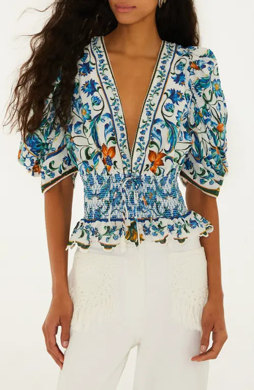 FARM Rio Floral Plunge Neck Smocked Top in Flora Tile Off-White at Nordstrom, Size X-Large | Nordstrom