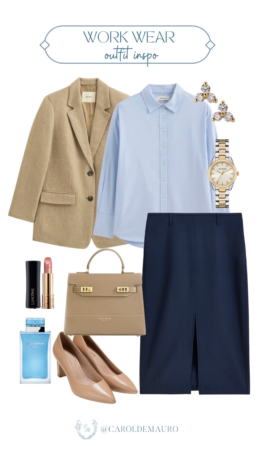 Looking for a new office outfit? Steal this look from top to bottom by wearing a pastel blue button-down shirt layered with a chic wool oversized blazer, down to the pencil midi skirt. Love the top handle bag and watch for the ultimate dress up!

corporate wear, classy style, office wardrobe, workwear, polished look, dainty accessories, lancome lipstick, girl boss

#LTKWorkwear #LTKSeasonal #LTKU