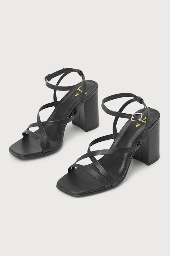 Eloa Black Leather Strappy Square Toe High Heels | Lulus (US)