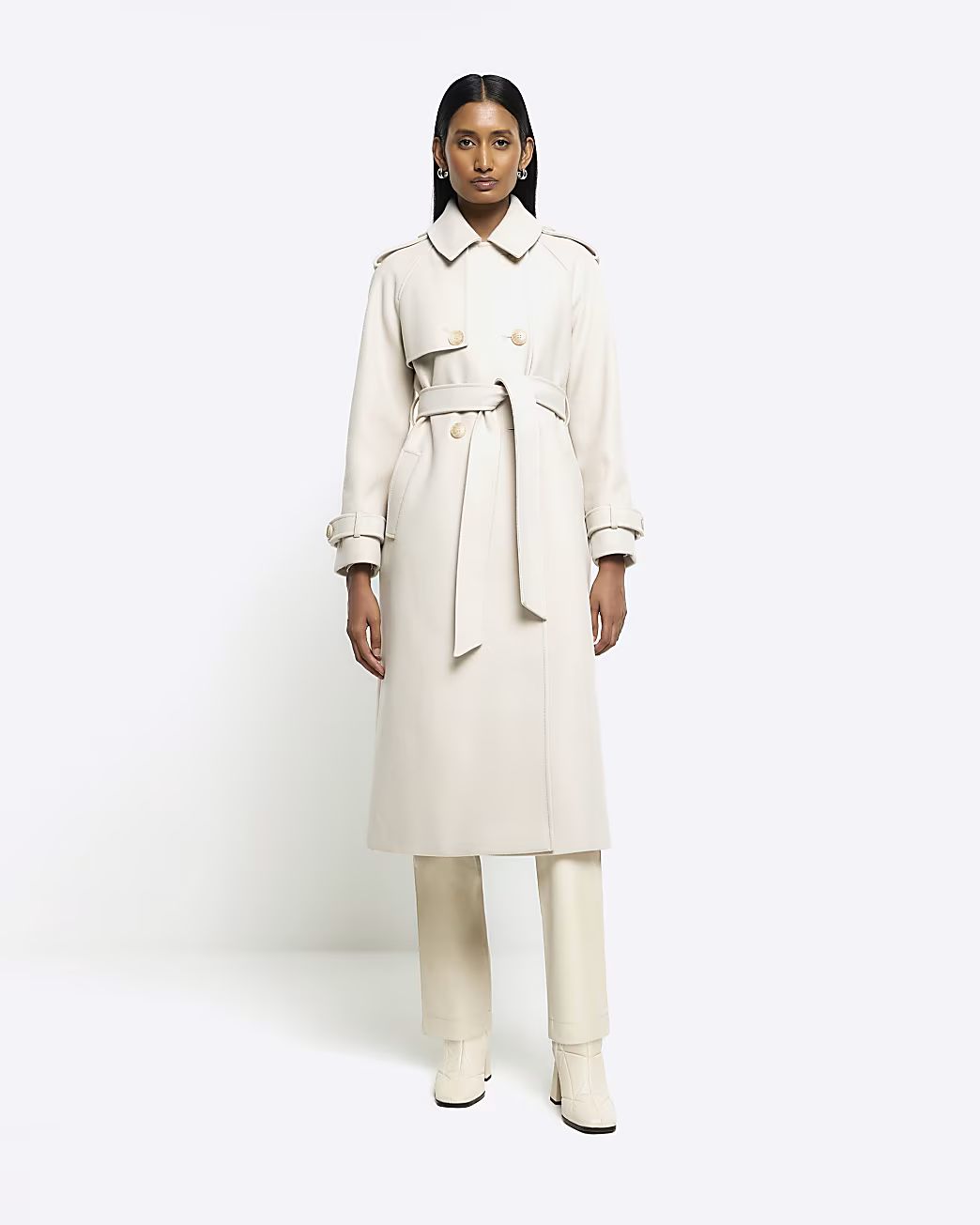 Cream belted longline trench coat | River Island (US)