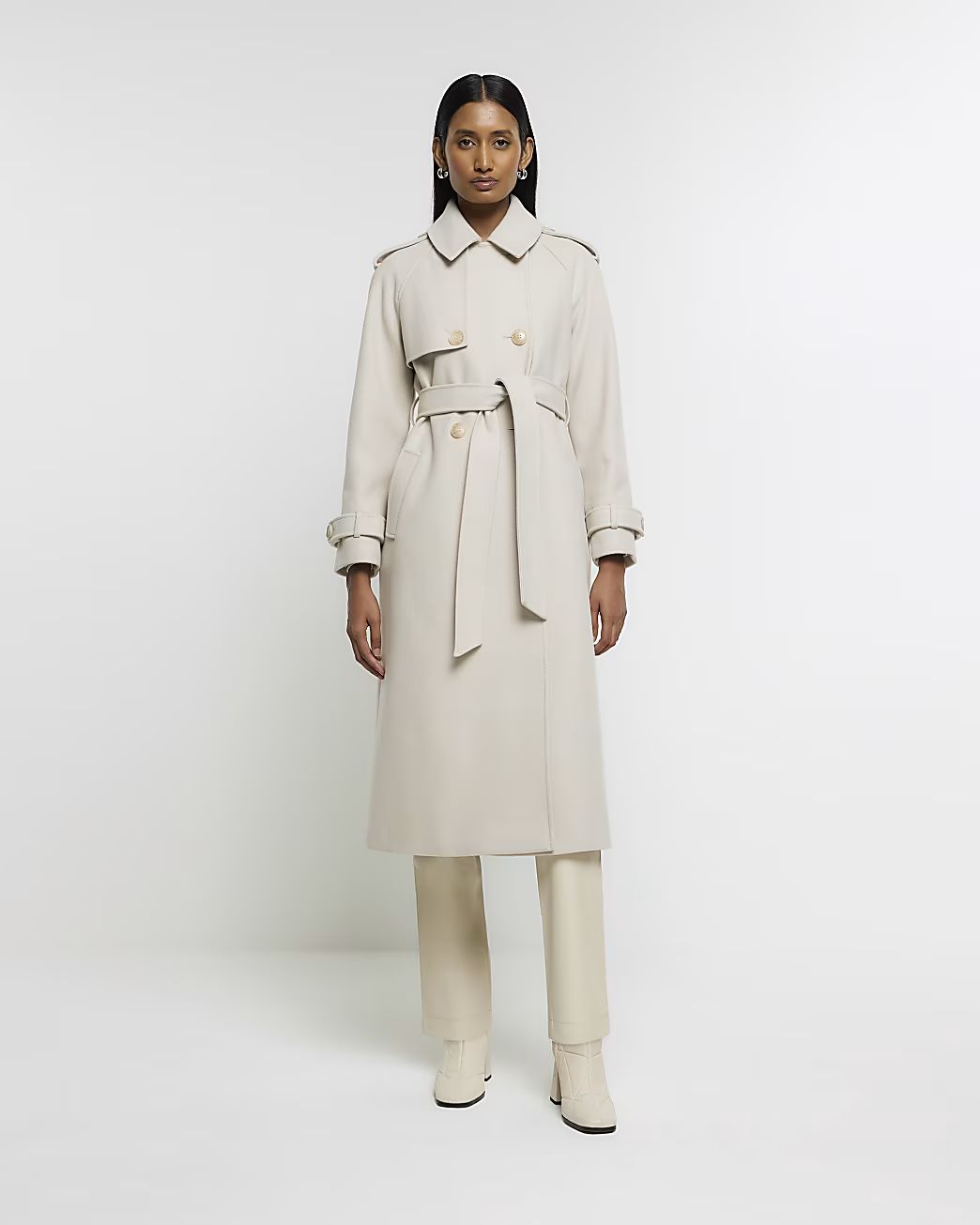 Cream belted longline trench coat | River Island (US)