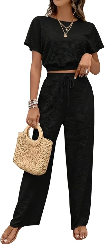 Women's Summer 2 Piece Outfits Short Sleeve Tops Wide Leg Printed Pants Lounge Sets | Amazon (US)