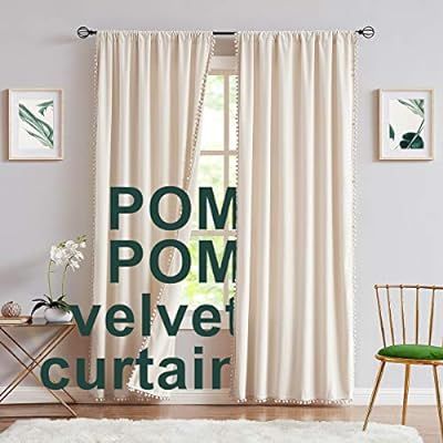 Pom-Pom Cream Velvet Curtains for Living Room 63inch Length Luxury Heavy Ivory Window Drapery Rod... | Amazon (US)