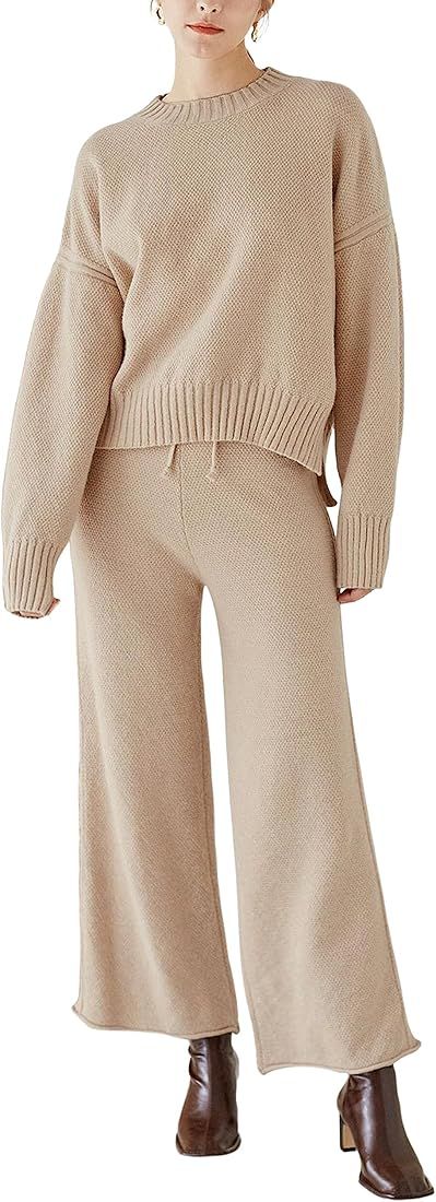 Zaxqunty 2 Piece Outfits for Women Sweater Sets Knit Long Sleeve Tops Elastic Waisted Pants Loung... | Amazon (US)