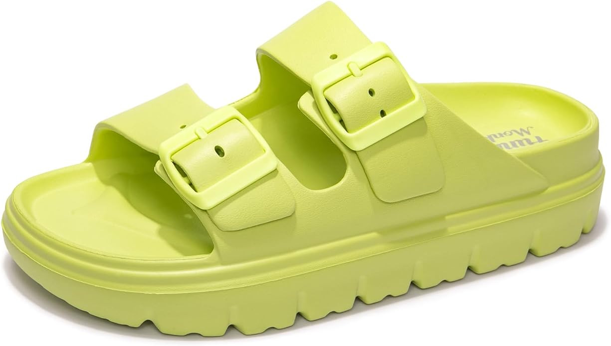 FUNKYMONKEY Women's Comfort Slides Double Buckle Adjustable Plastics Flat Sandals | Amazon (US)