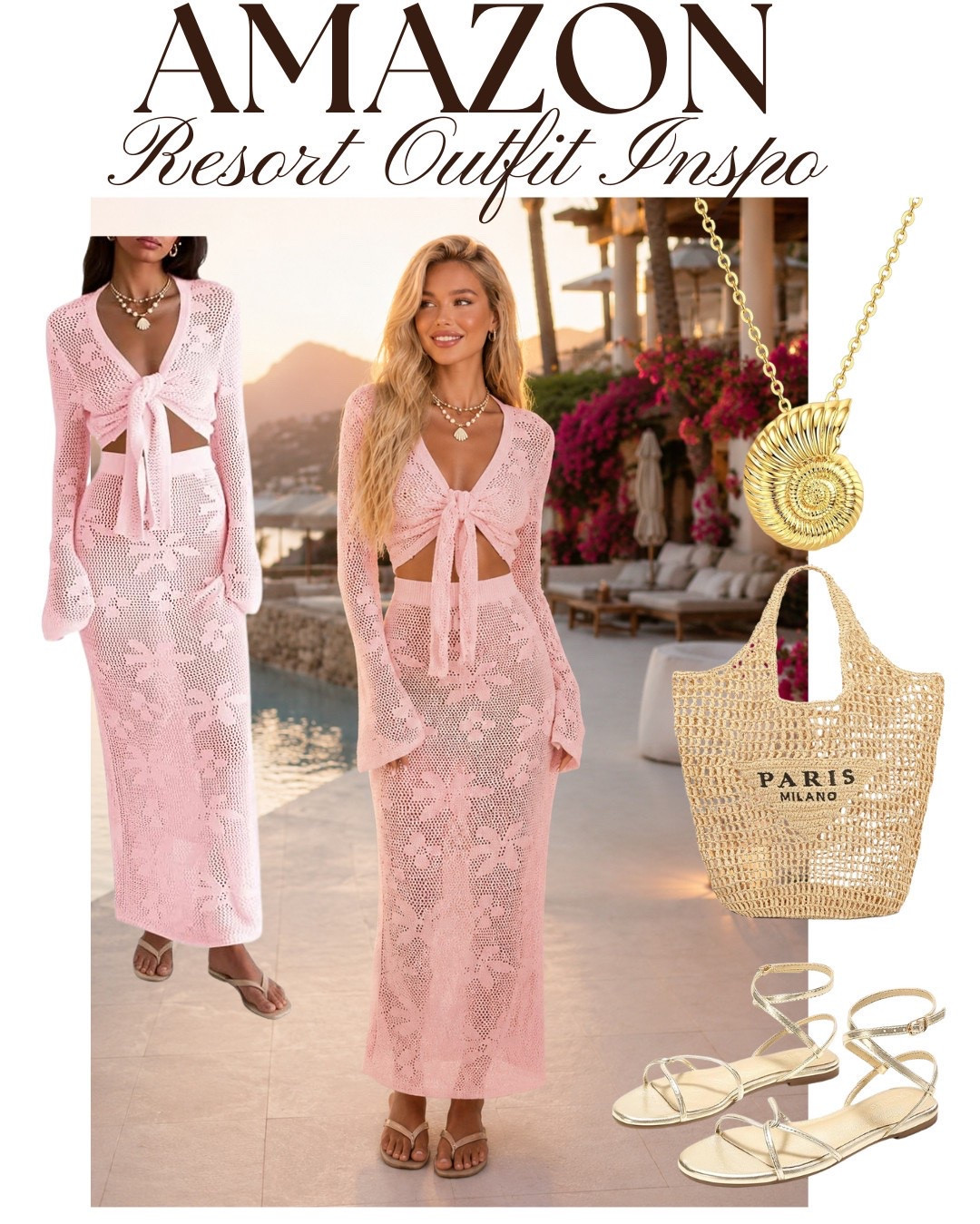 Resort Pool Crochet Set 🤍 Tropical Glam Moment Soft neutral beachwear done right ✨ This chic cream crochet two-piece set is the ultimate elevated resort look. Featuring a long sleeve tie-front crop top and matching high-waisted open-knit maxi skirt, this outfit is perfect for poolside lounging, luxury vacations, or a glam summer getaway. Style it with gold jewelry, beach waves, and sun-kissed makeup for that effortless resort aesthetic. Save this for your next vacation outfit idea 🌴 #resortwear #beachoutfit #vacationstyle #crochetset #neutralstyle #summeroutfitideas #tropicalaesthetic #poolsidevibes #luxuryresort