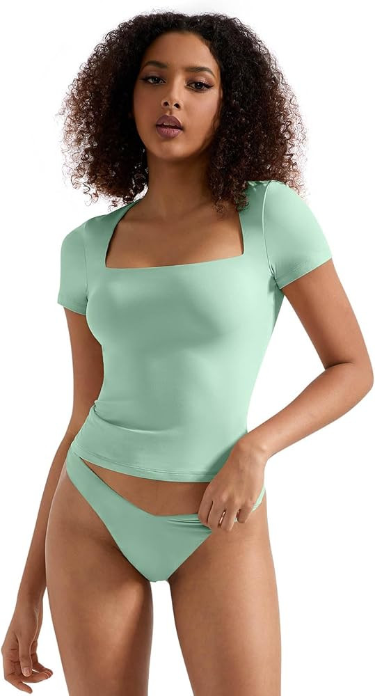 SUUKSESS Women Double Lined Fitted Basic Tee Square Neck Short Sleeve Y2K Crop Top | Amazon (US)