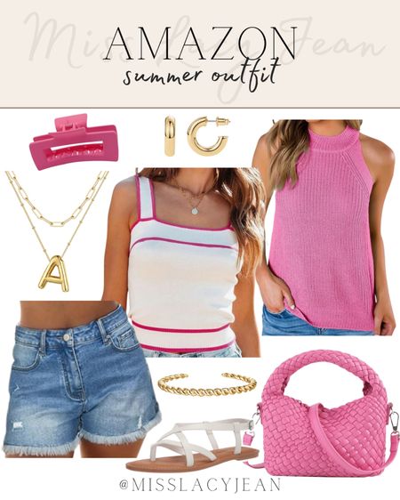 Amazon summer outfit includes denim shorts, tank, knit tank, handbag, sandals, gold letter necklace, bracelet, gold earrings, hair claw.

Summer outfit, casual outfit, outfit finds, Amazon finds 

#LTKItBag #LTKFindsUnder50 #LTKStyleTip