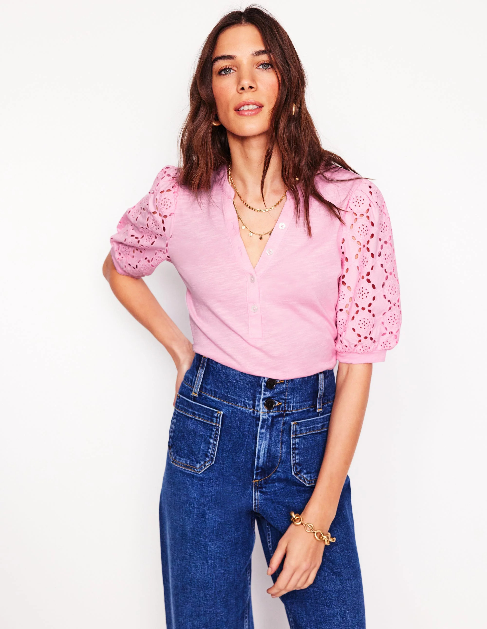 Eden Puff Sleeve Henley Top-Soft Pink | Boden (US)