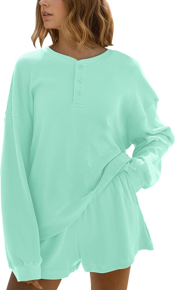 MISSACTIVER Waffle Knit Lounge Sets for Women Long Sleeve Oversized Sweatshirt Elastic Waist Shor... | Amazon (US)