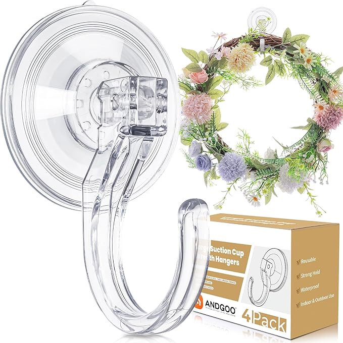 ANDGOO 4 Pack Large Suction Cup Hooks for Door Wreaths, Wreath Hangers for Front Door, Glass, Win... | Amazon (US)