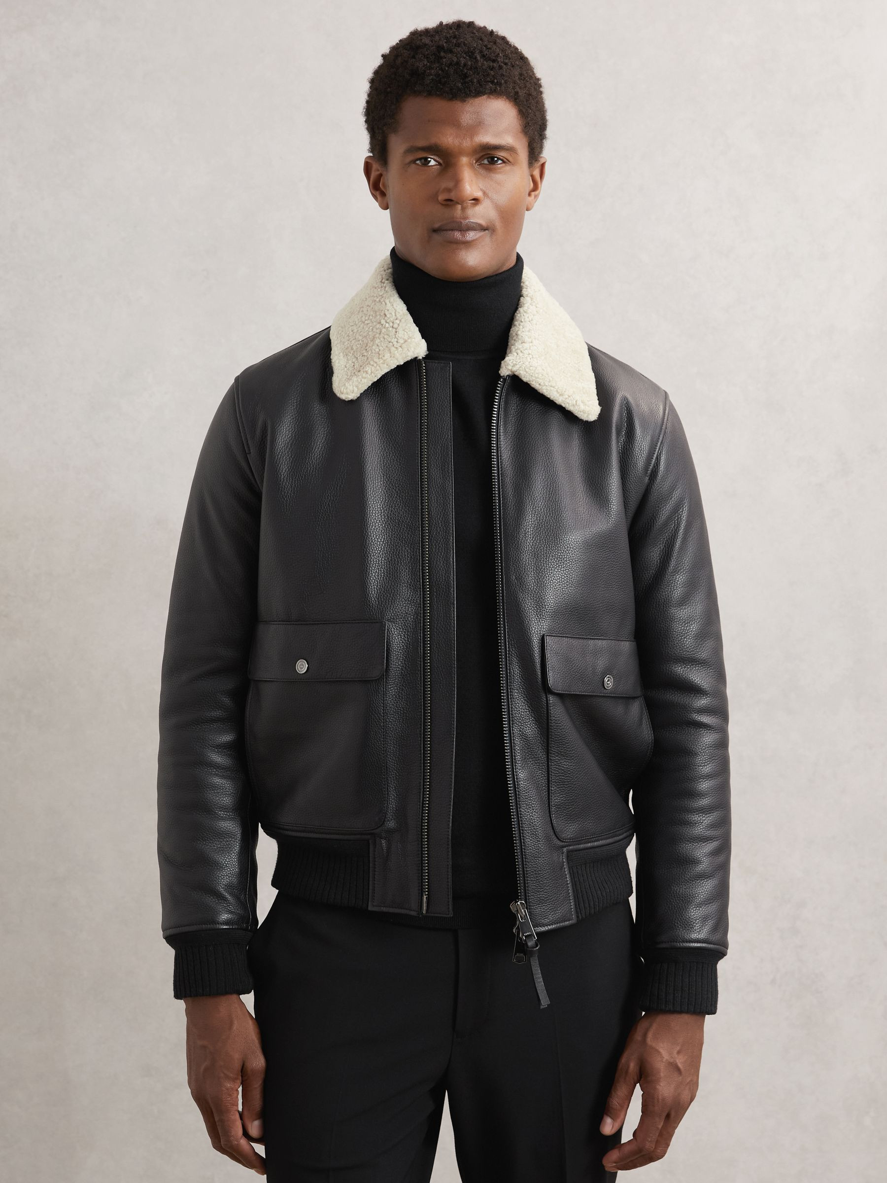 Reiss Leather Shearling-Collar Bomber Jacket in Black | REISS | Reiss US