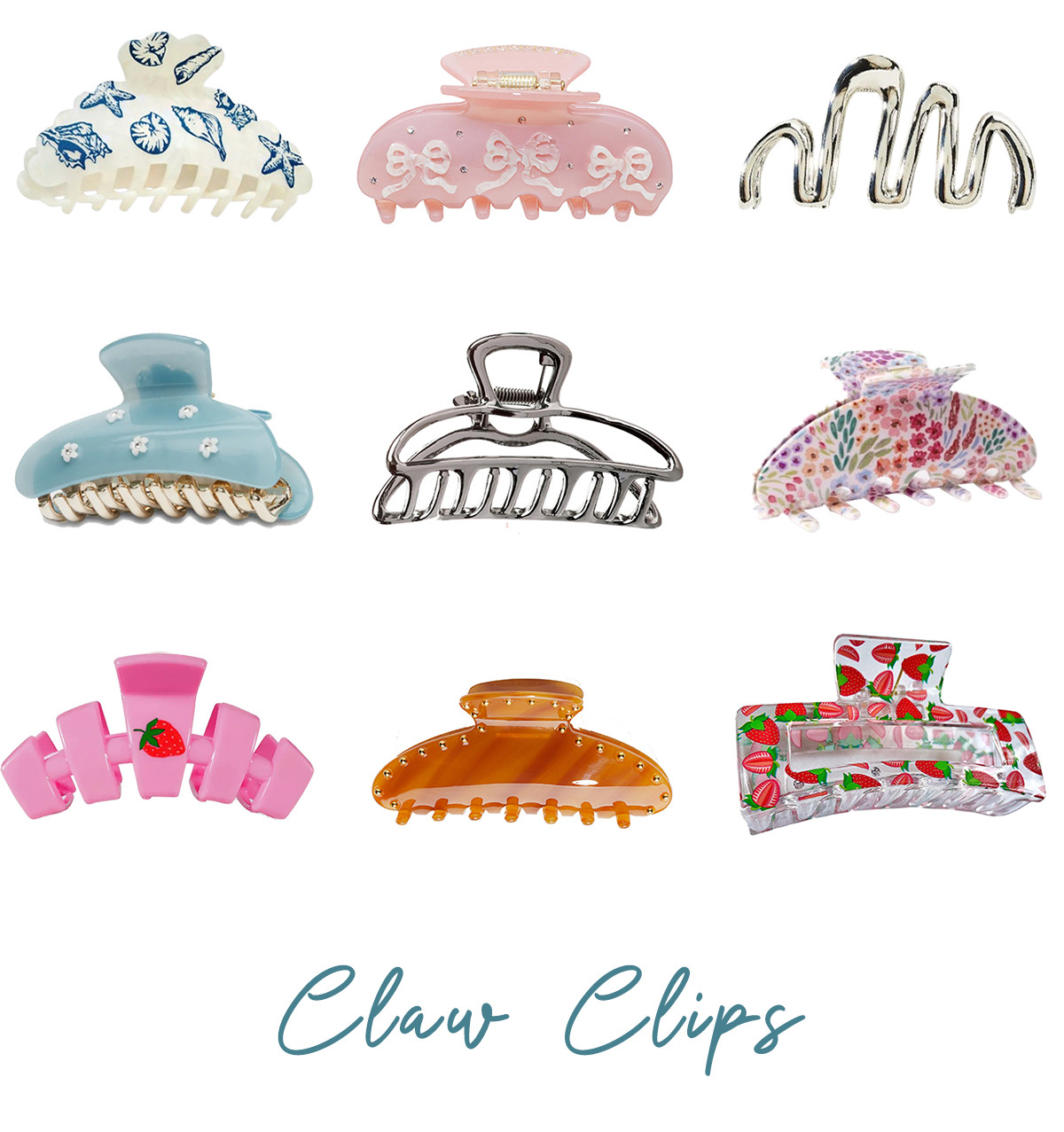 Claw Clips

When I think of claw clips, I think of my friend Paige and her Mom. They both had long hair and when they wanted it up, they used a claw clip. I remember it looking so effortless and somewhat… bohemian? Fast forward to the claw clips of today, which range from basic to bedazzled, with fun shapes, objects, or personalized elements. I have a lot of hair, so I use the medium-sixed ones for half-up styles, and opt for the bigger ones to put it all up in a French twist-like bun. 

 