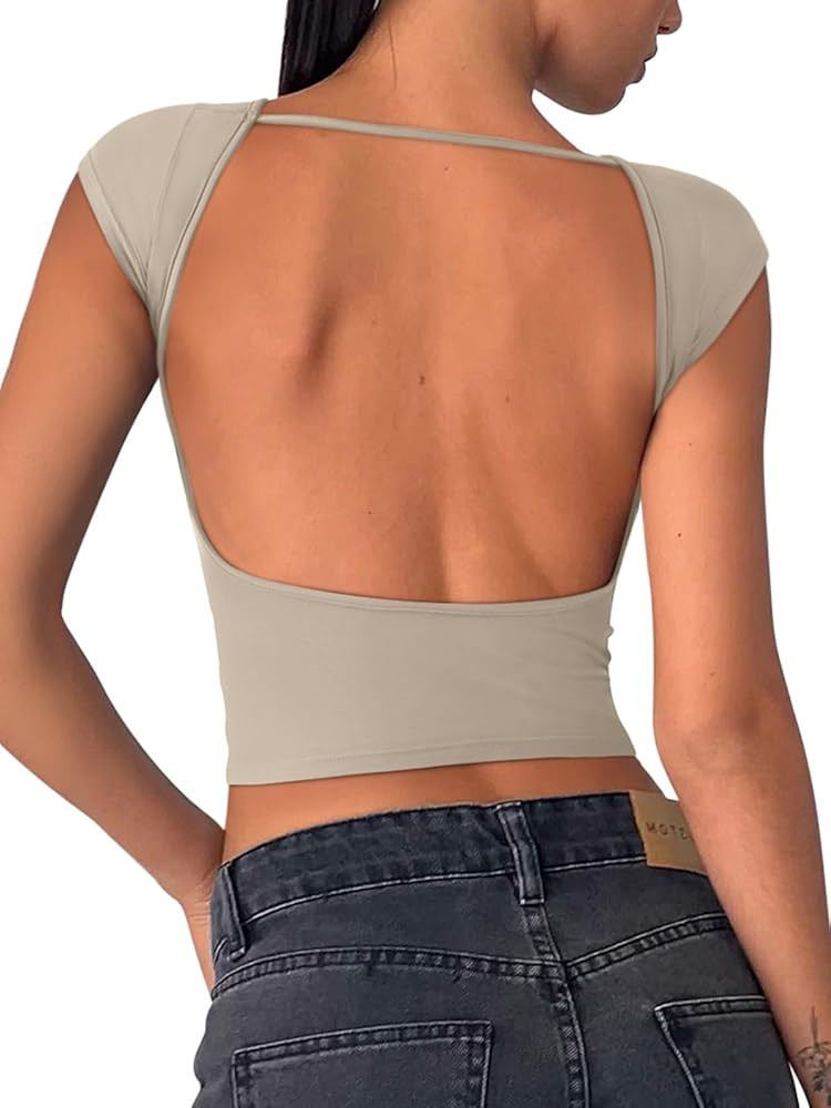 REORIA Women's Sexy Backless Going Out Crop Tops Double Lined T Shirts Open Back Y2k Trendy Crop ... | Amazon (US)