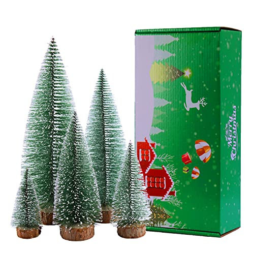 Bottle Brush Christmas Trees 5Sizes Mini Christmas Trees Small Christmas Trees Mini Pine Trees Desktop Miniature Christmas Trees with Snow and Wooden Base for Crafting Decorations (Plant Green) | Amazon (US)