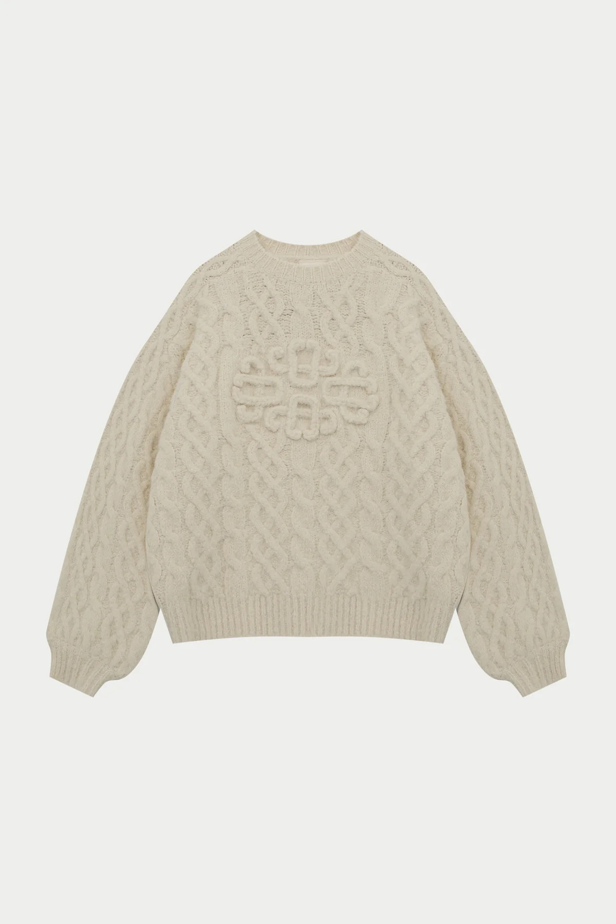 FLUFFY CABLE KNIT EMBLEM JUMPER - BEIGE | The Couture Club