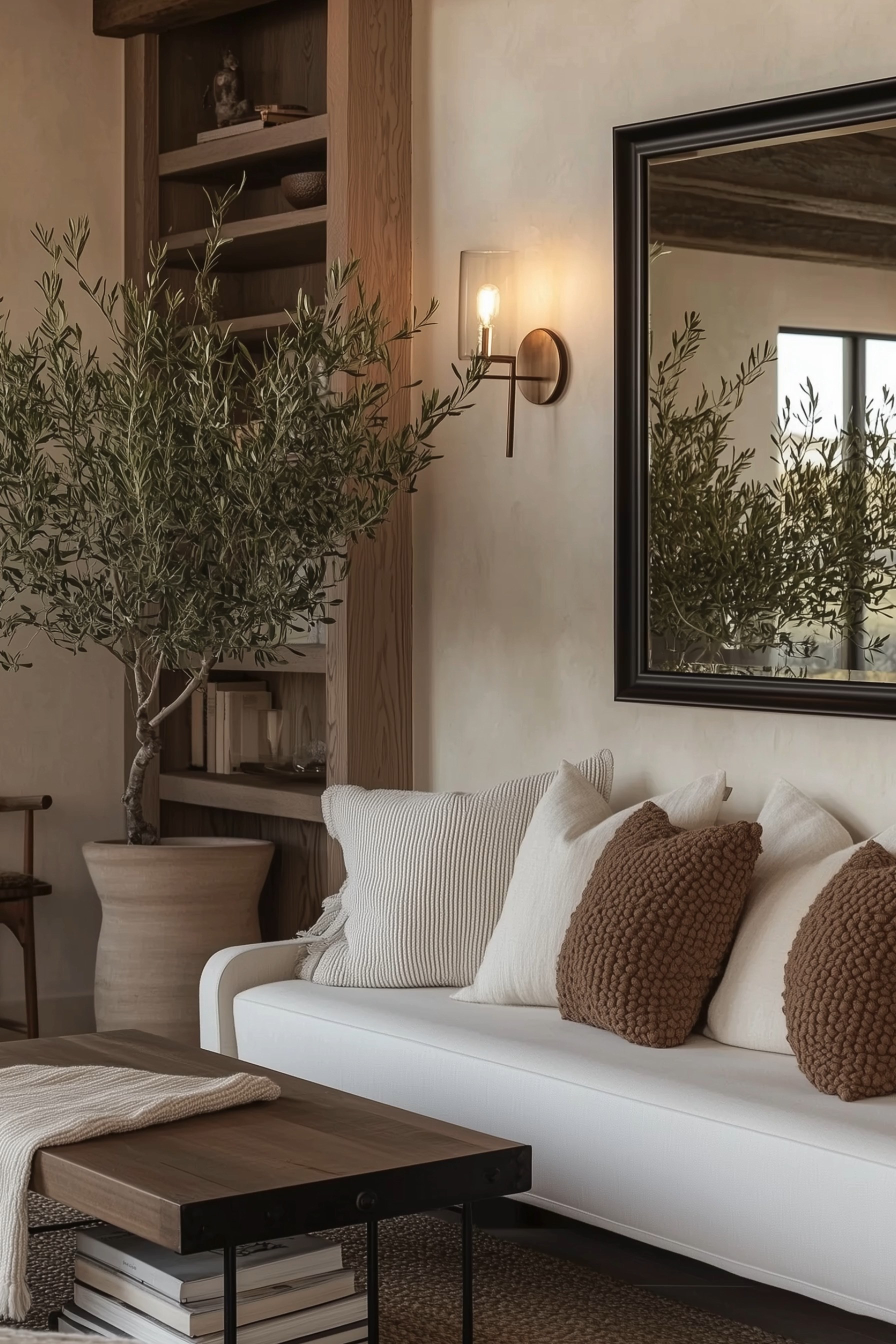 Textured Neutral Living Room — an organic modern space layered with a white bench-seat sofa, chunky knit throw pillows, natural jute rug, a live olive tree in a clay planter, warm oak built-ins, matte black mirror, brass wall sconce, and a rustic wood + iron coffee table. Airy, cozy, and earthy with California-casual vibes and timeless, modern traditional details.

🖤 If you want to see more content like this, FOLLOW maeveandmodern on LTK, Instagram, and Pinterest! Check out our blog where we post daily, maeveandmodern.com!

neutral living room | organic modern decor | olive tree in planter | chunky knit pillows | white bench seat sofa | jute rug styling | wood and metal coffee table | built-in shelves | brass wall sconce | black mirror over sofa | california casual living room | earthy textures | warm neutral home | modern traditional style | cozy fall living room   

 

#LTKHome #LTKSaleAlert #LTKFindsUnder100 #LTKSeasonal #LTKHome #LTKSaleAlert