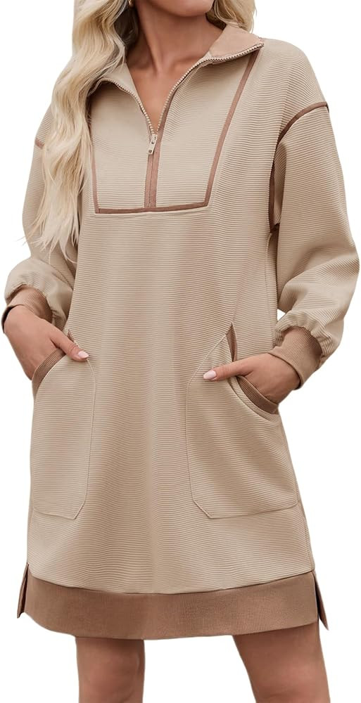 Wenrine Women's Oversized Sweatshirt Dress Half Zip V Neck Long Sleeve Contrast Fall Casual Mini ... | Amazon (US)