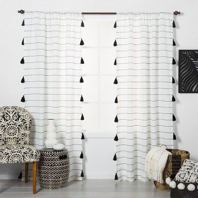 84&#34;x54&#34; Contrast Stripe Light Filtering Curtain Panels with Tassel Black/White - Opalhous... | Target