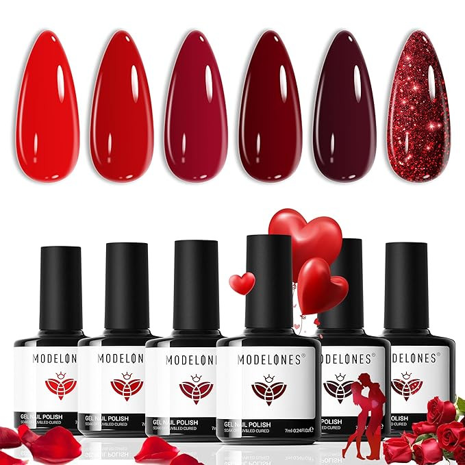 modelones Gel Nail Polish Kit -6 Colors Red Gel Polish Set Valentine's Day Burgundy Glitter Spark... | Amazon (US)