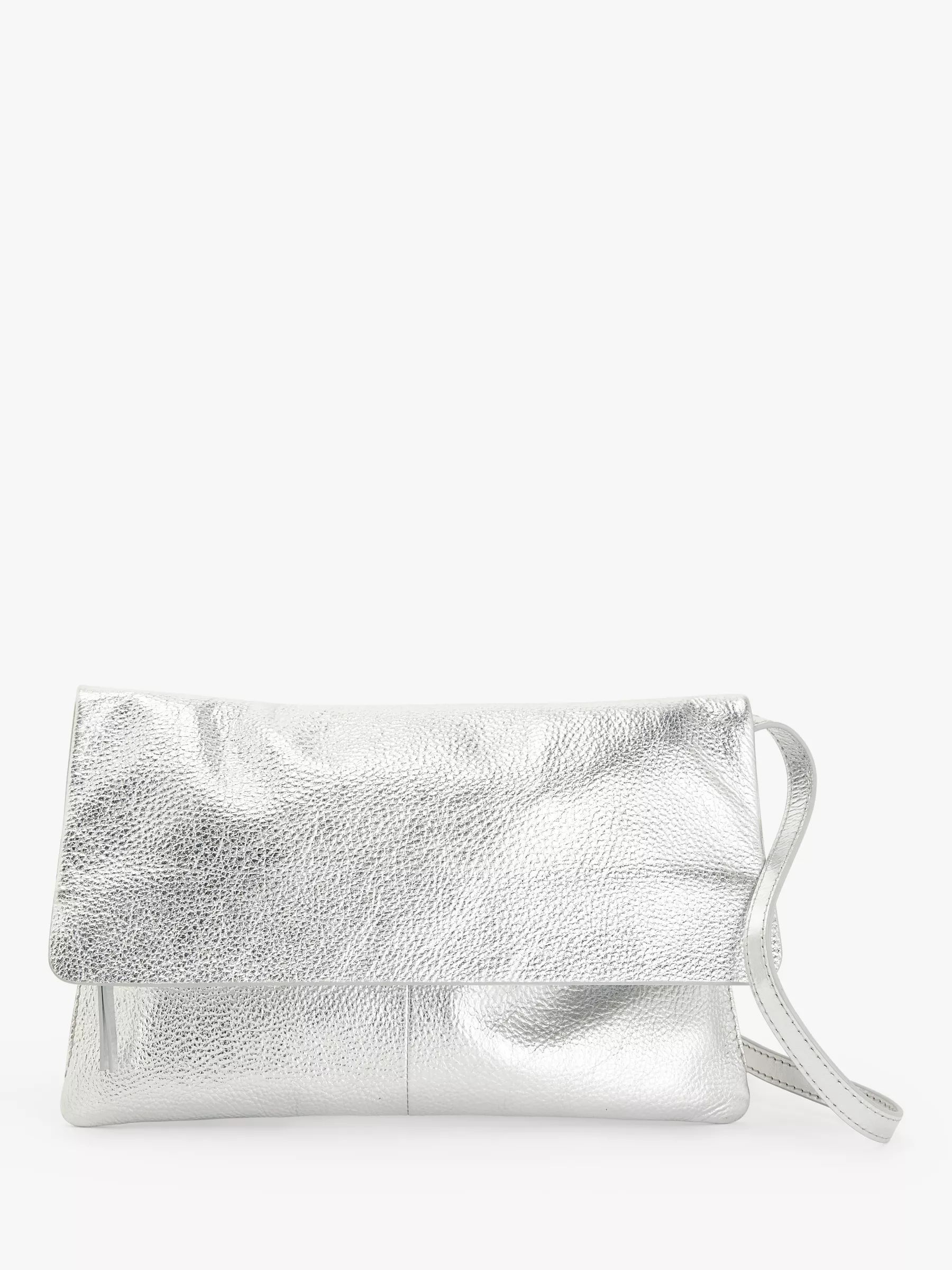John Lewis Mistry Leather Flapover Clutch Bag, Silver Leather | John Lewis (UK)