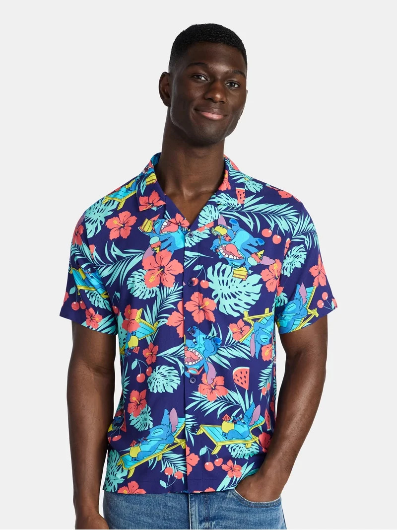 Lilo and Stitch Men's and Big Men's Graphic Button-Up Shirt, Sizes XS-3XL | Walmart (US)