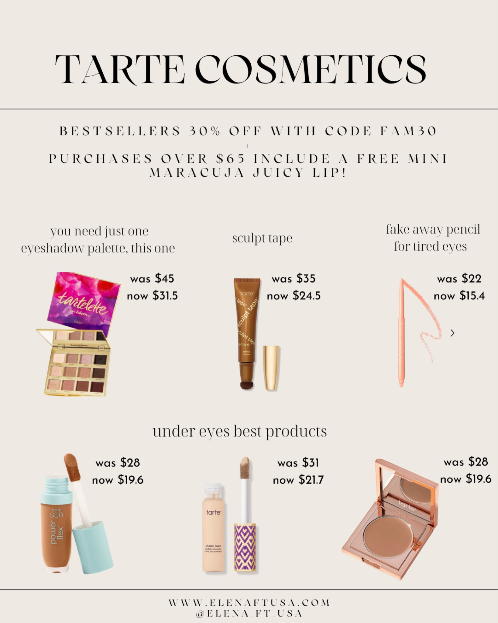 Tarte Cosmetics bestsellers sale! 30% off with code FAM30. Plus a gift if purchase more than $65!

Tarte eyeshadow, Tarte concealer , Tarte under eyes corrector, Tarte sculpt tape

#LTKSale #LTKbeauty #LTKsalealert