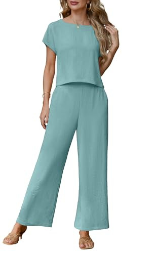 Lepunuo 2 Piece Sets for Women Summer Cap Sleeve Crop Top Wide Leg Pants Matching Lounge Set Vaca... | Amazon (US)