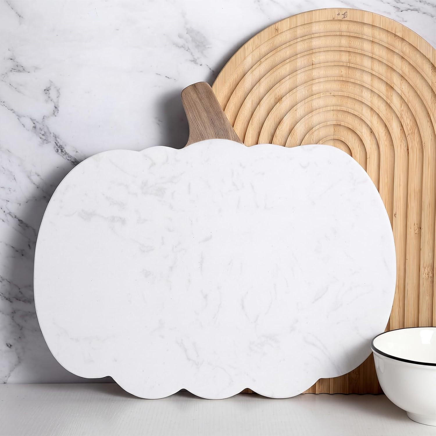 Reallnaive Pumpkin Shaped Marble Cutting Board, 11 x 9.8 Inch White Marble Cheese Board, Decorative Charcuterie Serving Tray for Fall Autumn Cheese, Appetizers, Kitchen Counter and Holiday | Amazon (US)