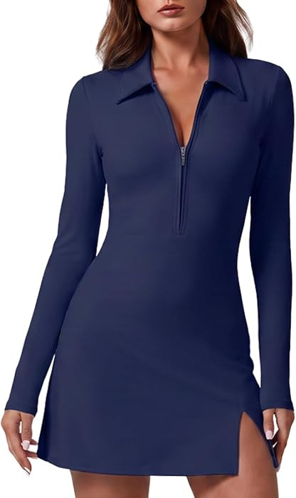 QINSEN Womens Two Pieces Zip Front Tennis Dress with Shorts Long Sleeve Polo Collar Workout Golf ... | Amazon (US)