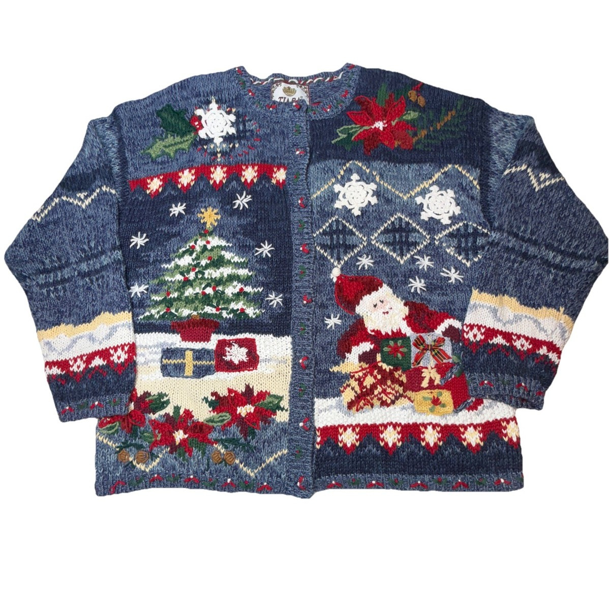 VTG Tiara International Christmas Cardigan L Santa Poinsettias Snowflakes Bows | eBay US