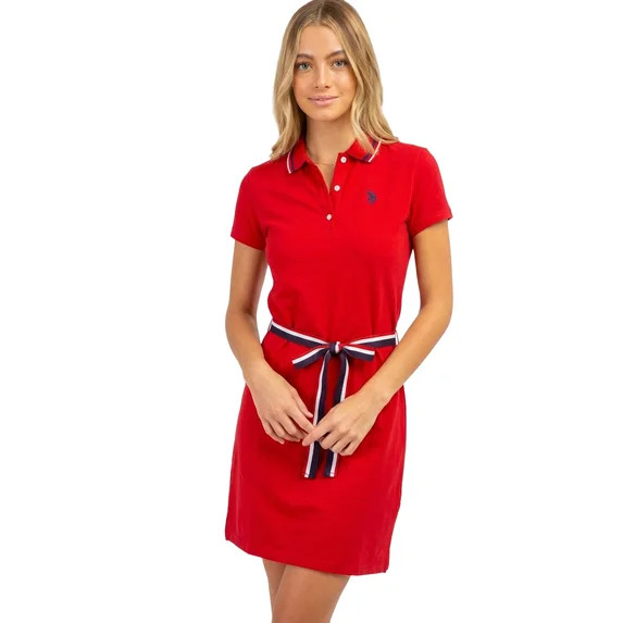 U.S. Polo Assn. Women’s Signature Short Sleeve Polo Dress with Self-Tie Belt, Engine Red, Large | Walmart (US)