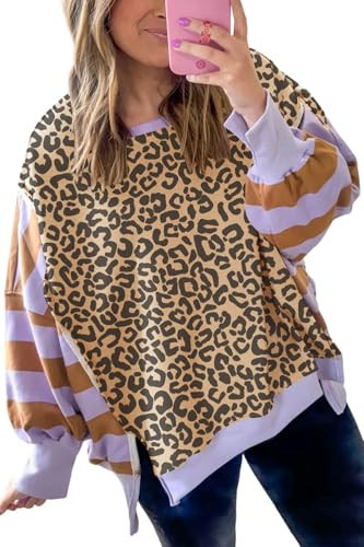 Mazulun Striped Leopard Sweatshirt for Women Color Block Patchwork Drop Shoulder Side Slit Pullover Shirt Tops Purple M | Amazon (US)
