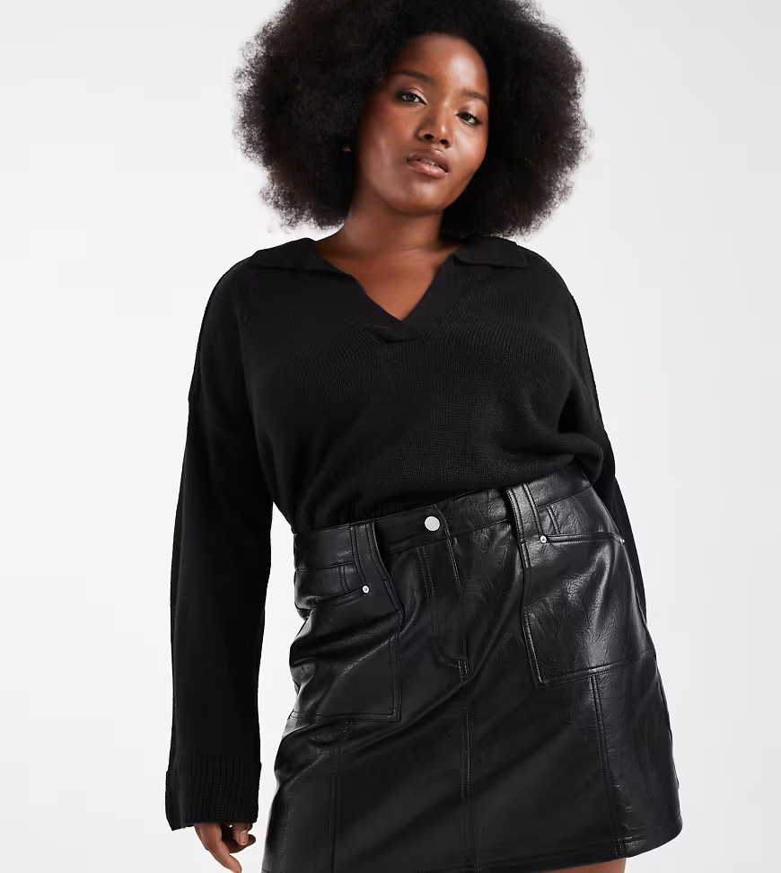 Renee Studio Plus exclusive leather look seam detail pocket front mini skirt in black | ASOS (Global)