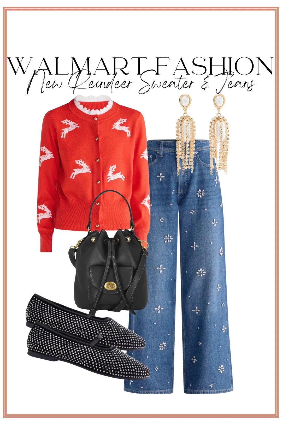 Walmart Christmas fashion is arriving and this reindeer cardigan is ADORABLE! 🦌🎄❤️ I love the bright red paired with these embellished wide-leg jeans—the sparkle makes this outfit so fun for the holiday season! Add rhinestone flats and statement earrings for an easy festive outfit that still feels chic. ✨

#walmartfashion #walmartfinds #walmartstyle #walmartchristmas #christmasfashion #holidayoutfit #holidayoutfitideas #christmassweater #widelegjeans #affordablefashion #walmartnewarrivals