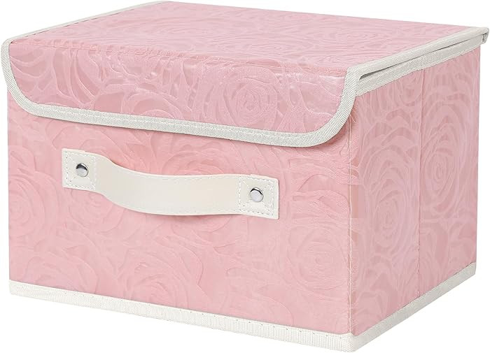 ANMINY Fabric Storage Bin with Lid Rose Print Storage Box Basket with PU Leather Handles Washable... | Amazon (US)