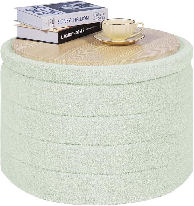 PINPLUS Round Ottoman with Storage, Foldable Sherpa Ottoman Stool with Tray,Boucle Foot Rest for ... | Amazon (US)