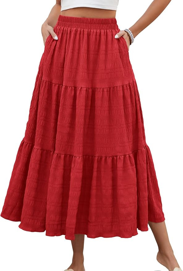 Women's Summer Casual Elegant Smock Layered Tiered Maxi Skirt High Waisted A Line Flowy Long Skir... | Amazon (US)