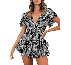 AIMCOO Women's Floral Print Deep V-Neck Romper Double Layer Ruffle Hem Jumpsuits Long Baggy Sleev... | Amazon (US)