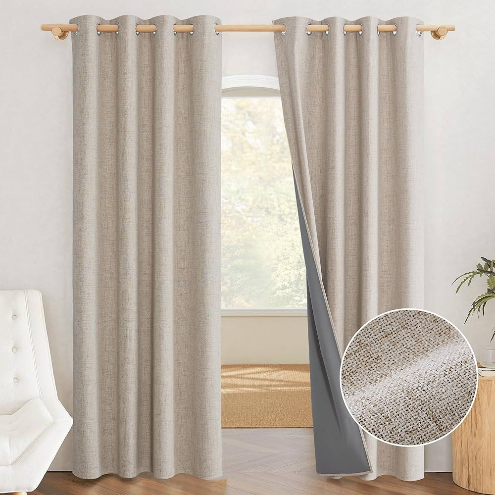 PONY DANCE 100% Blackout Curtain - Beige Linen Look Curtains Thermal Coating Curtains with Eyelet... | Amazon (UK)