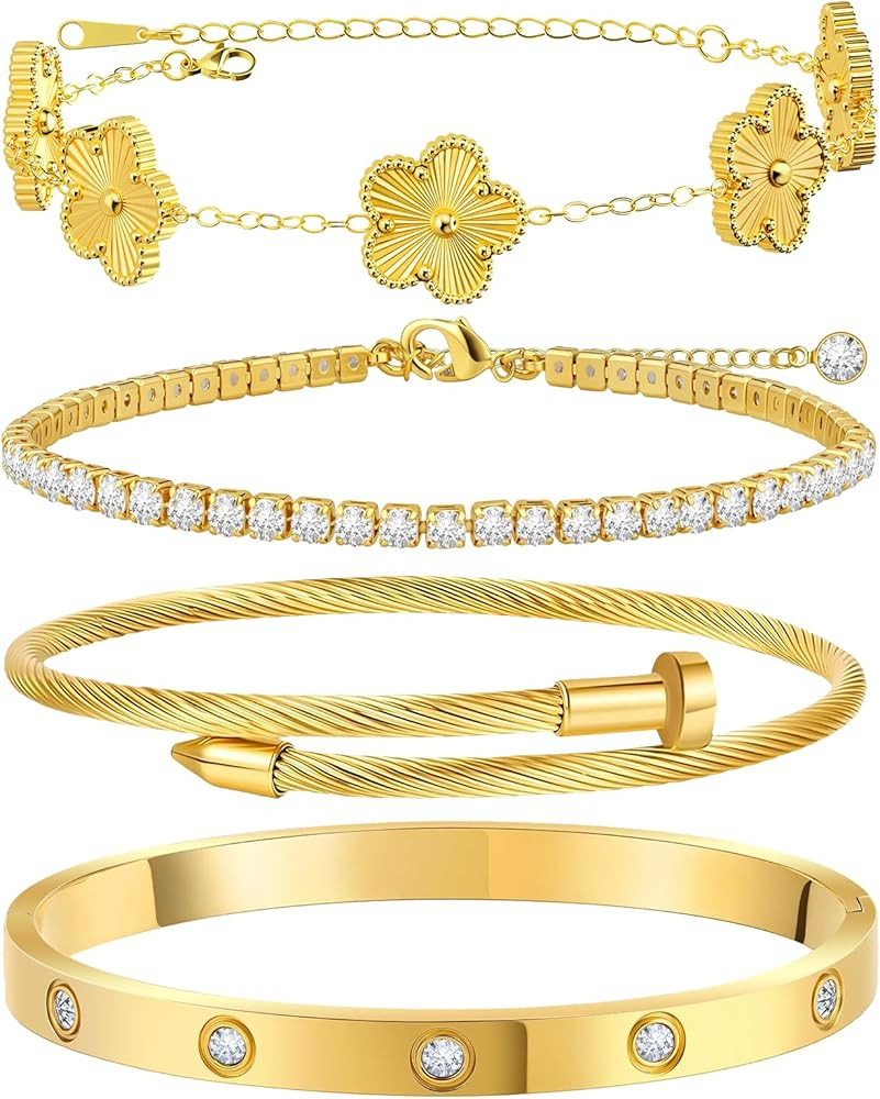 Gold Bracelets for Women, 18K Gold Plated Tennis Nail Clover love Bangle Bracelets Set Non Tarnis... | Amazon (US)