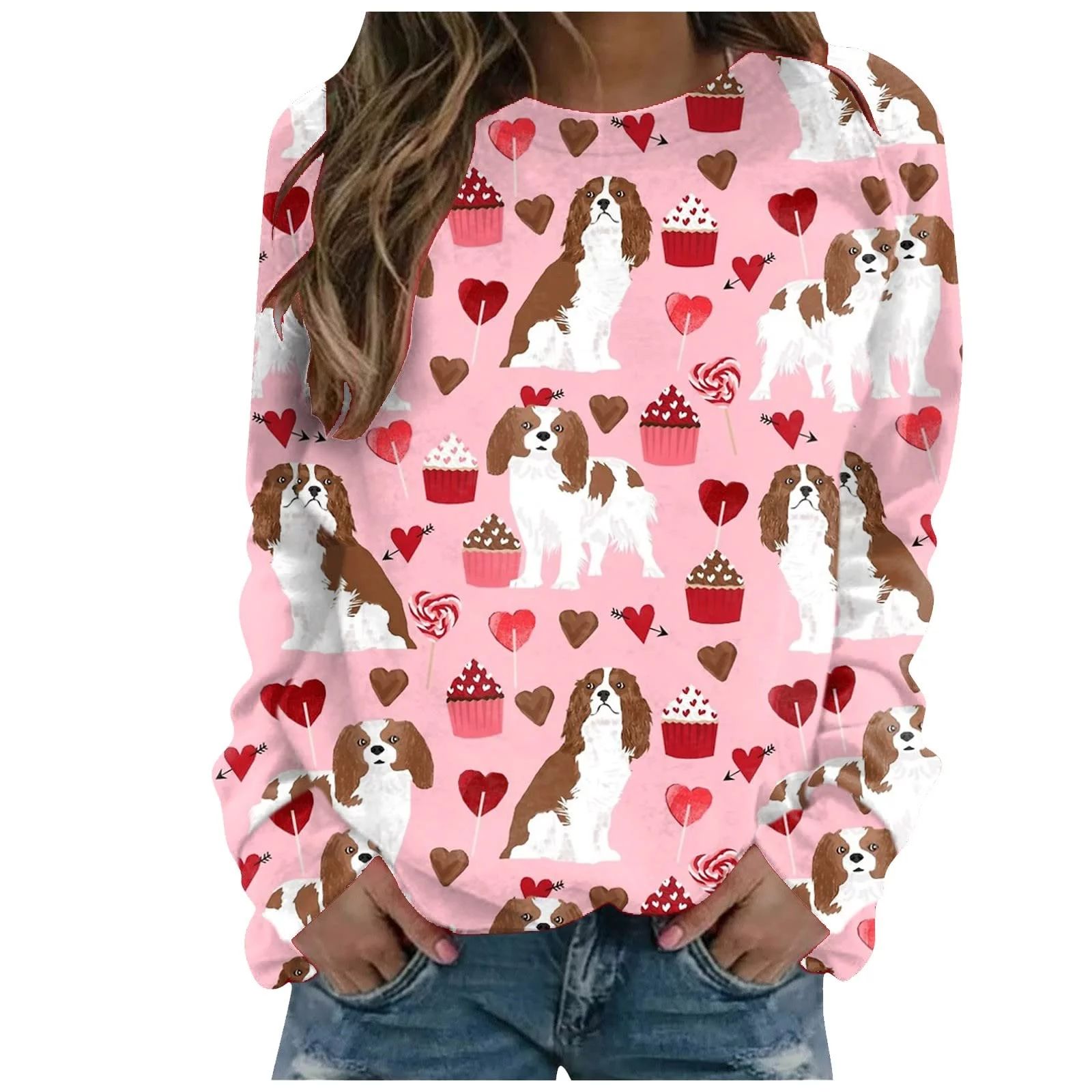 wsevypo Valentines Day Women's Heart Print Pullover Sweaters Round Neck Long Sleeve Slouchy Loose... | Walmart (US)