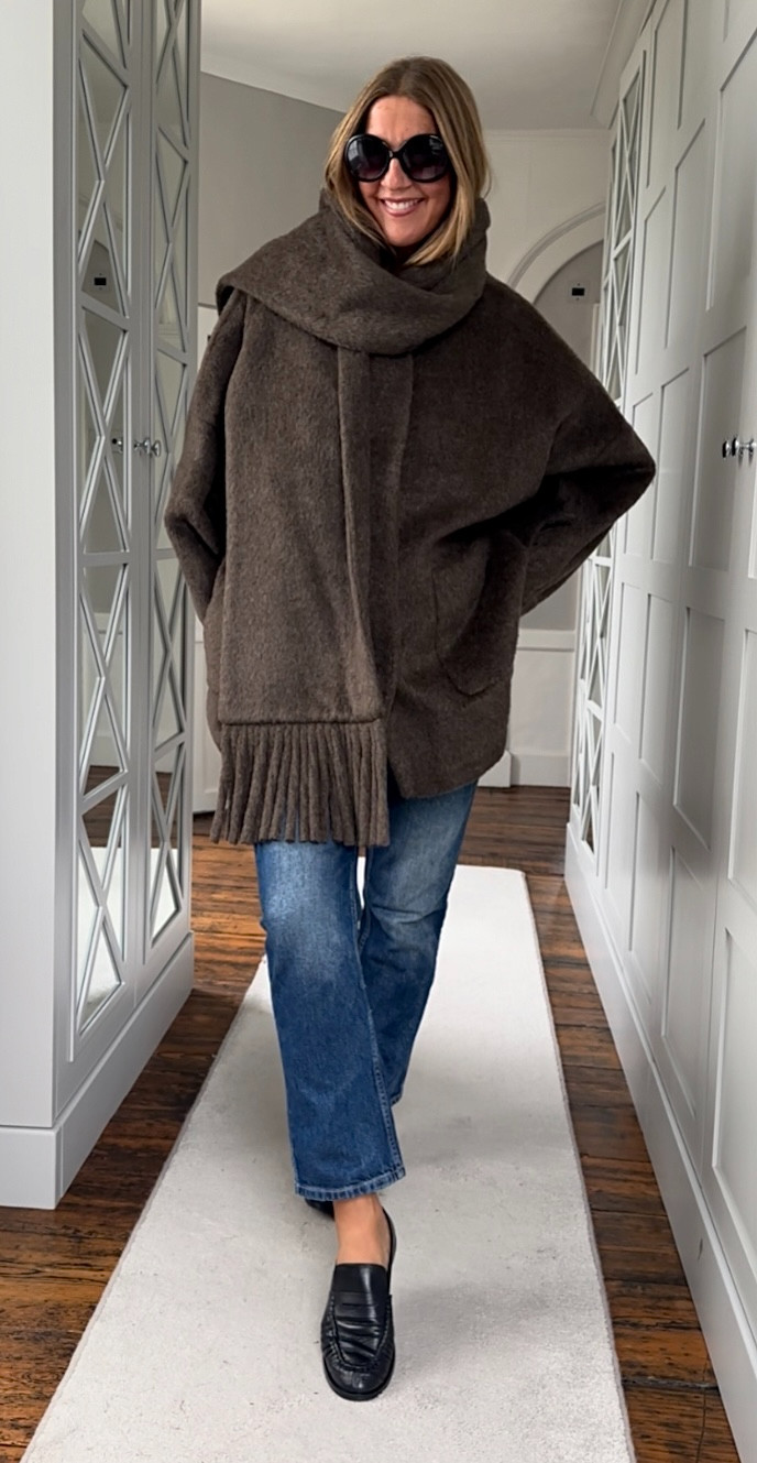 A SCARDIGAN | the new trend | scarf x cardigan | brown. | cozy | winter outfit | jeans | loafers | Tu | Saisnburys 

 #LTKwinter #LTKfestive #LTKstyletip