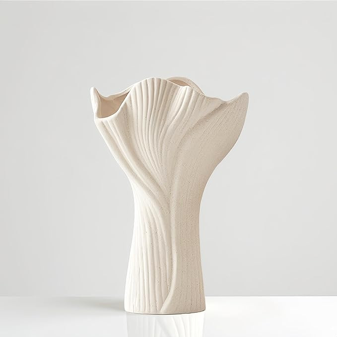 Ceramic Vase for Home Decor, 9 Inch Matte Beige Textured Flower Vase with Wavy Rim, Modern Farmho... | Amazon (US)