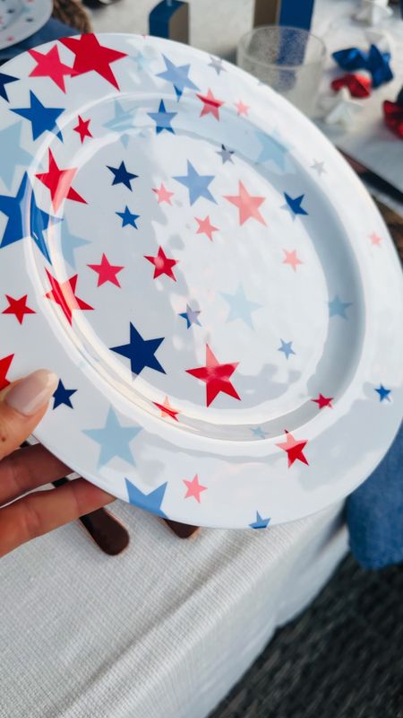 4th of July outdoor melamine plates with red  and blue stars. 

#LTKSeasonal #LTKVideo #LTKHome