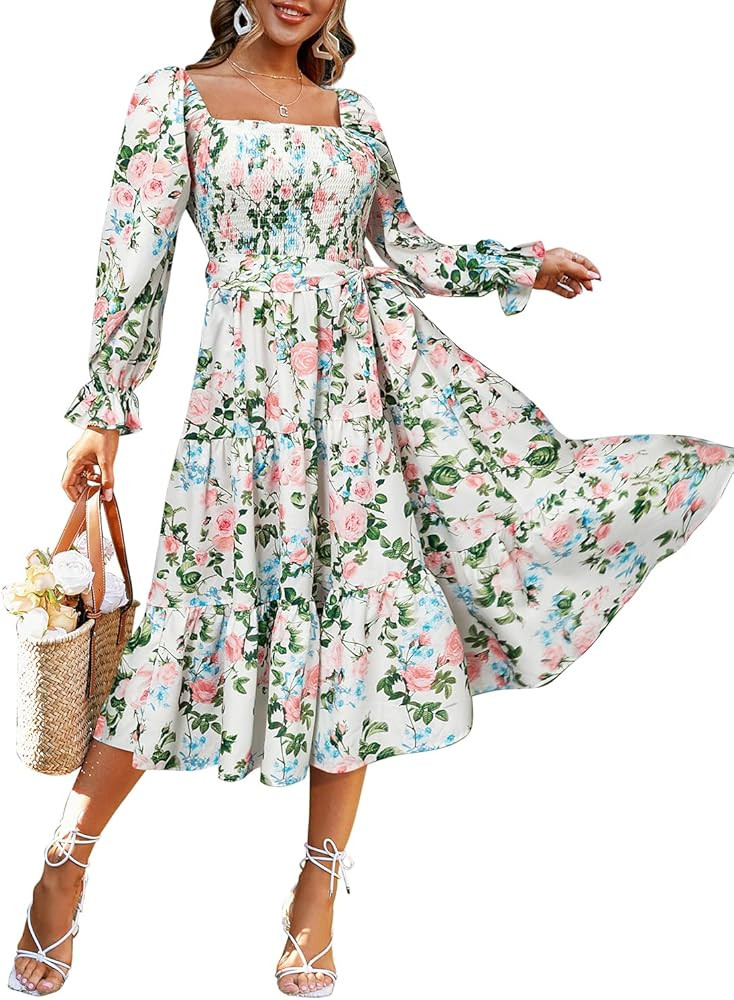 Amegoya Women's Boho Flowy Long Sleeve Square Neck Maxi Dress Fall Wedding Guest Dresses | Amazon (US)