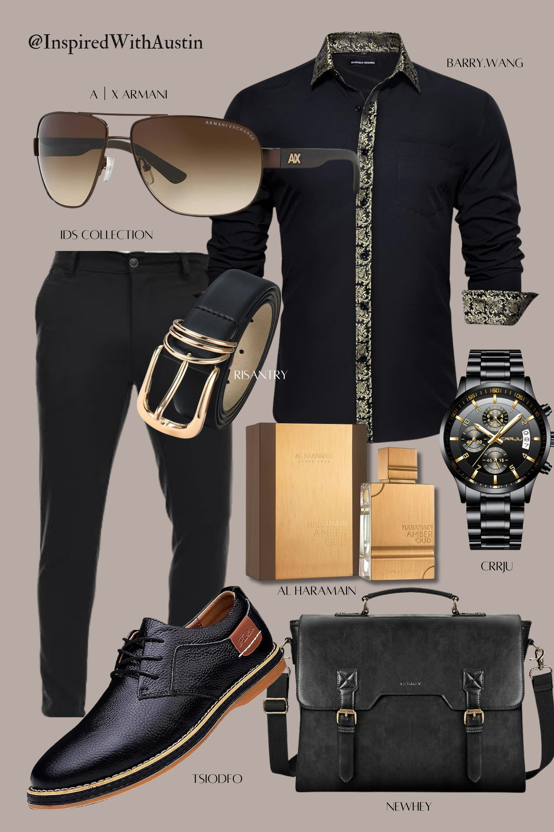 Step out in style with a sleek black shirt featuring a detailed gold print, perfectly paired with tailored trousers. Complete your look with sophisticated accessories, a statement watch, and leather shoes that speak of elegance. #LuxuryStyle #SophisticatedGent #BoldFashion

#LTKmens #LTKstyletip #LTKfindsunder50