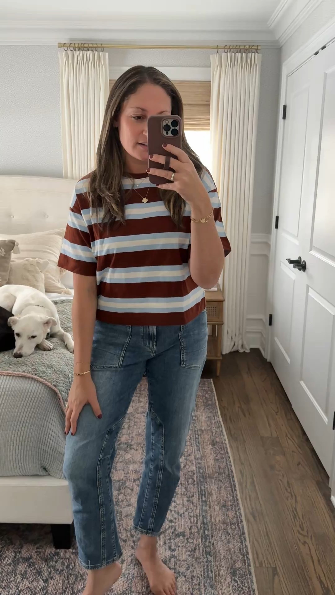 Cutest shirt sleeve too from LOFT! Love the colors of these stripes (comes in two other colorways as well) and is on sale!! Wearing a medium. 

Also linking my Pilcro jeans that I love. TTS!

#LTKSaleAlert #LTKFindsUnder100 #LTKootd