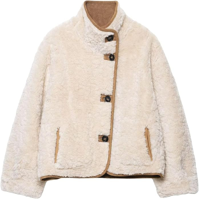 Chevara Women’s Reversible Double-Faced Jacket Stand Collar Long Sleeve Button Down Faux Suede Jacket Coat | Amazon (US)