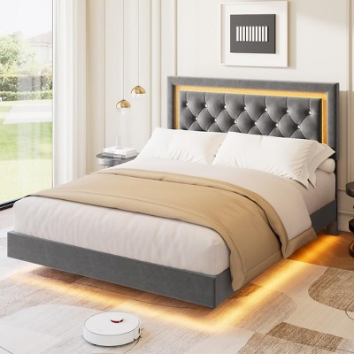 Floating Queen Platform Bed Frame with Smart LED Lights – Modern Diamond Upholstered Headboard, Noise-Free Wood Slats, Under-Bed Storage, Gray | Target
